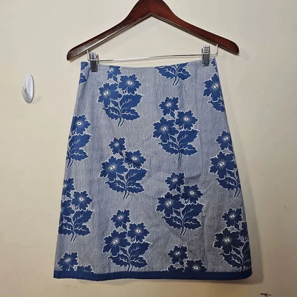 Boden A-Line Floral Stripe Midi Cotton Side Zipped Womens Blue & White Size UK 8